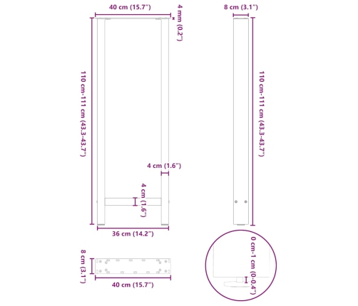 Patas para mesa de centro de acero natural 2 uds 40x(110-111)cm