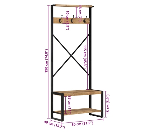 Perchero de madera maciza de mango rugoso 80x40x190 cm