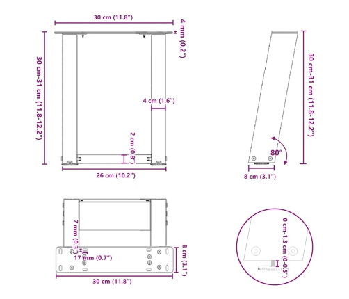 Patas de mesa de centro forma U 2uds acero blanco 30x(30-31) cm
