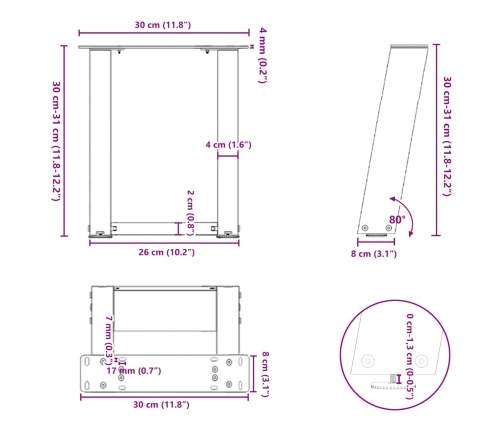 Patas de mesa centro forma U 2uds acero antracita 30x(30-31) cm