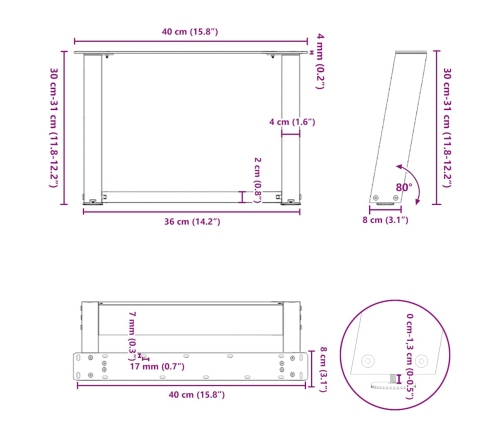 Patas de mesa de centro forma U 2uds acero negro 40x(30-31) cm