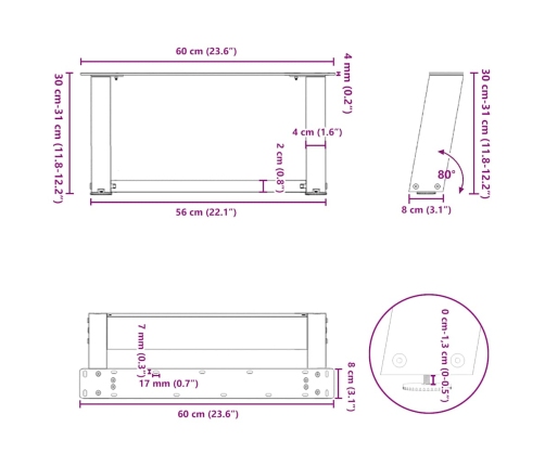 Patas de mesa de centro forma U 2uds acero negro 60x(30-31) cm