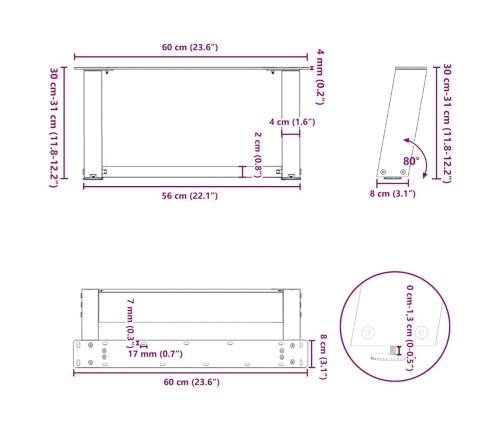 Patas de mesa centro forma U 2uds acero natural 60x(30-31) cm