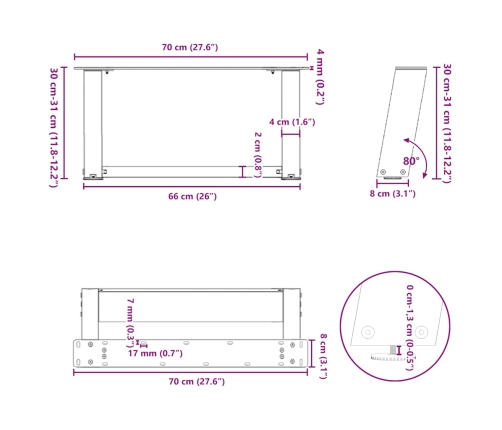 Patas de mesa de centro forma U 2uds acero negro 70x(30-31) cm