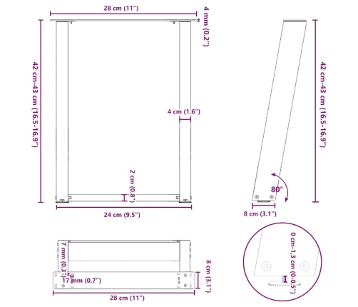 Patas de mesa de centro forma U 2uds acero blanco 28x(42-43) cm