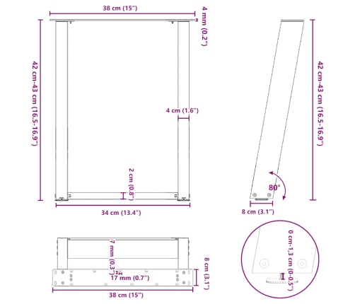 Patas de mesa de centro forma U 2uds acero negro 38x(42-43) cm