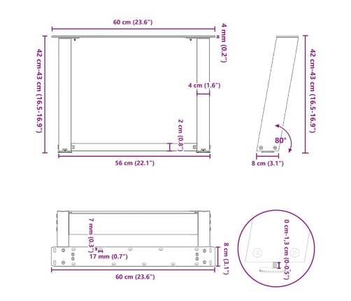 Patas de mesa de centro forma U 2uds acero negro 60x(42-43) cm