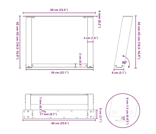 Patas de mesa de centro forma U 2uds acero blanco 60x(42-43) cm