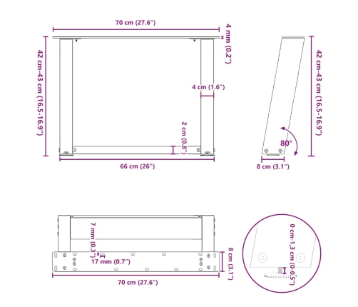 Patas de mesa de centro forma U 2uds acero negro 70x(42-43) cm