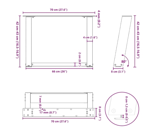 Patas de mesa de centro forma U 2uds acero blanco 70x(42-43) cm