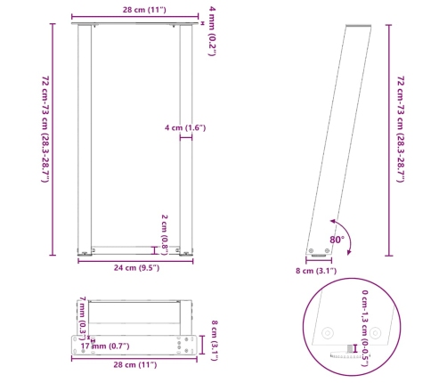 Patas de mesa consola en forma U 2 uds acero negro 28x(72-73)cm