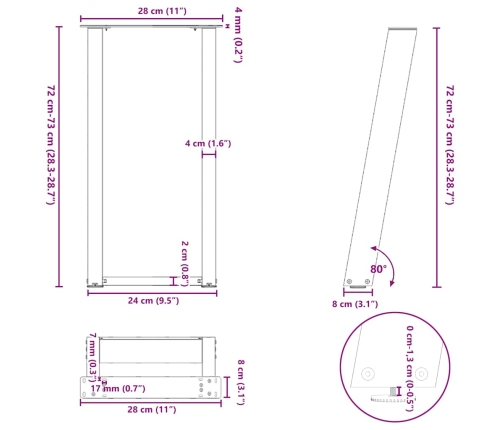 Patas mesa consola forma U 2 uds acero natural 28x(72-73) cm