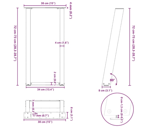 Patas de mesa consola en forma U 2 uds acero negro 38x(72-73)cm