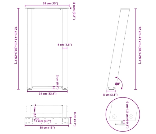 Patas mesa consola forma U 2 uds acero natural 38x(72-73) cm