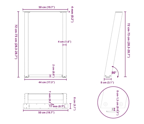 Patas para mesa comedor forma U 2uds acero negro 50x(72-73)cm