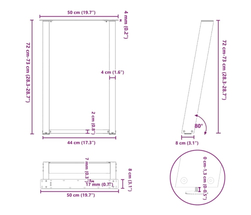 Patas para mesa comedor forma U 2uds acero blanco 50x(72-73) cm