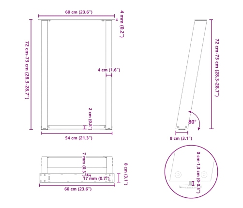 Patas para mesa comedor forma U 2uds acero negro 60x(72-73) cm