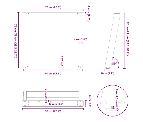 Patas para mesa comedor forma U 2uds acero negro 70x(72-73)cm