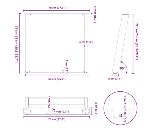 Patas para mesa comedor forma U 2uds antracita 70x(72-73) cm