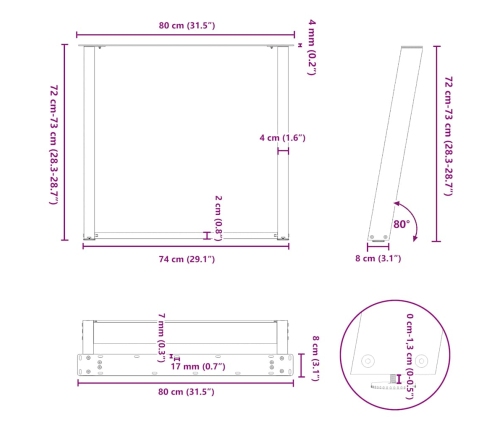 Patas para mesa comedor forma U 2uds antracita 80x(72-73) cm