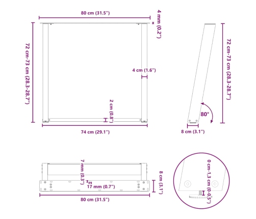 Patas para mesa comedor forma U 2uds acero natural 80x(72-73)cm