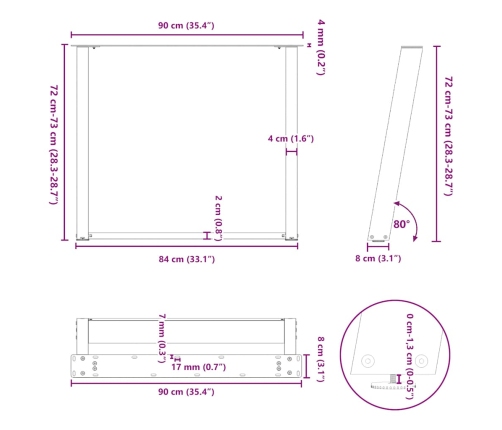 Patas para mesa comedor forma U 2uds antracita 90x(72-73) cm