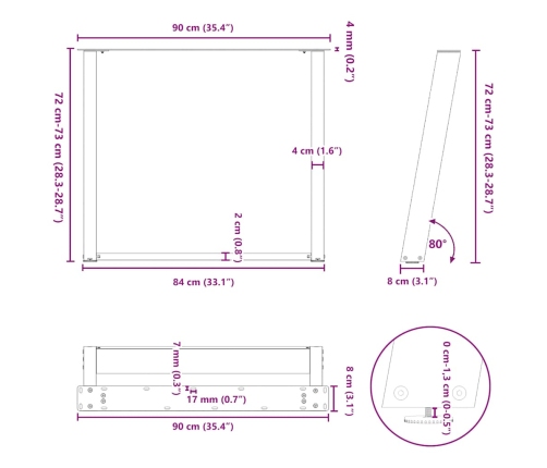 Patas para mesa comedor forma U 2uds acero natural 90x(72-73)cm