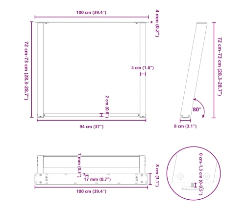 Patas para mesa comedor forma U 2uds acero blanco 100x(72-73)cm