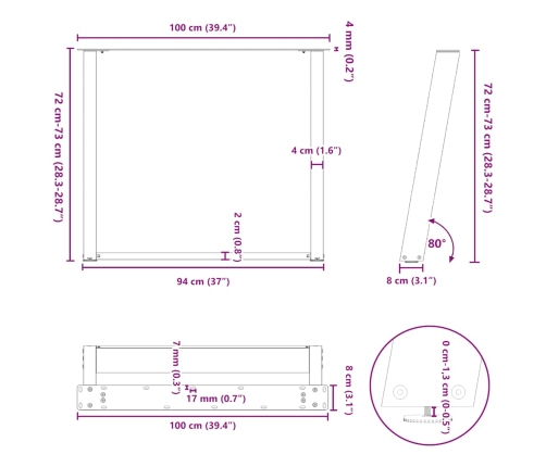 Patas para mesa comedor forma U 2uds antracita 100x(72-73) cm