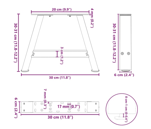 Patas de mesa centro forma A 2uds acero antracita 30x(30-31) cm