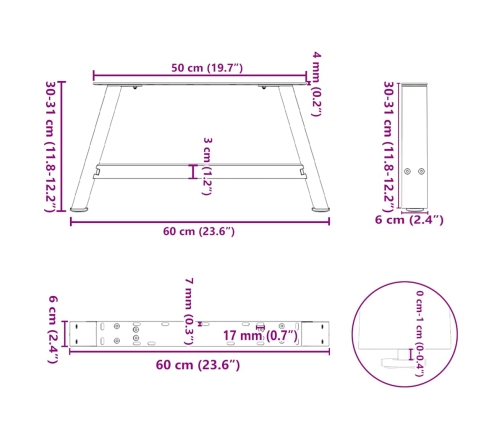 Patas de mesa centro forma A 2uds acero antracita 60x(30-31) cm