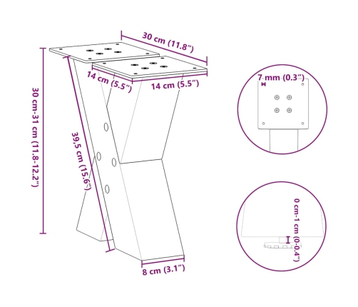 Patas de mesa de centro forma X 2uds acero blanco 30x(30-31) cm