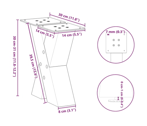 Patas de mesa centro forma X 2uds acero antracita 30x(30-31) cm