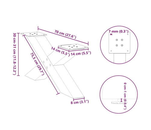 Patas de mesa de centro forma X 2uds acero negro 70x(30-31) cm