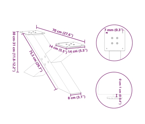 Patas de mesa de centro forma X 2uds acero blanco 70x(30-31) cm