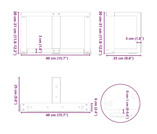 Patas de mesa centro forma T 2uds acero natural 40x25x(30-31)cm