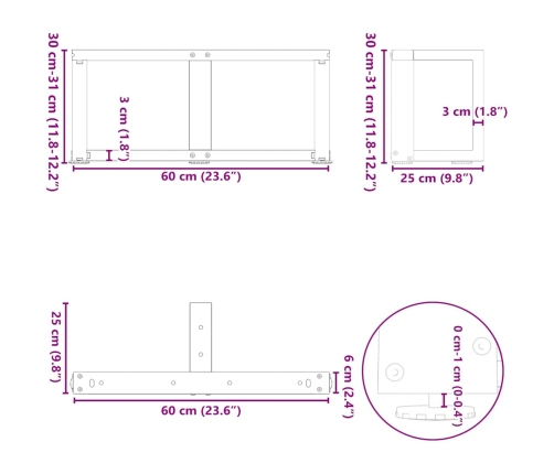 Patas de mesa centro forma T 2uds acero natural 60x25x(30-31)cm