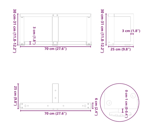 Patas de mesa centro forma T 2uds acero natural 70x25x(30-31)cm