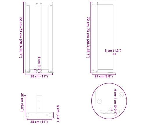 Patas mesa consola forma T 2 uds acero natural 25x28x(72-73) cm