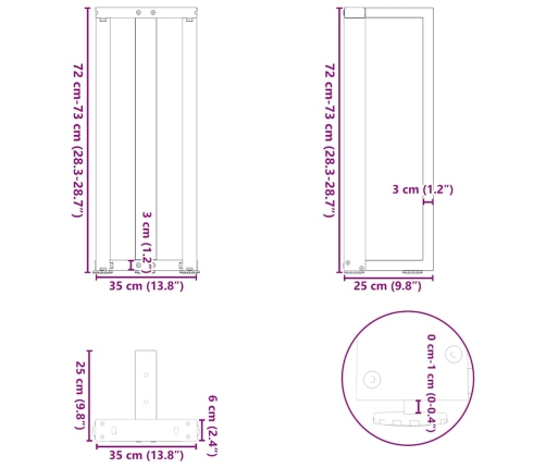 Patas mesa consola forma T 2 uds acero natural 38x25x(72-73) cm