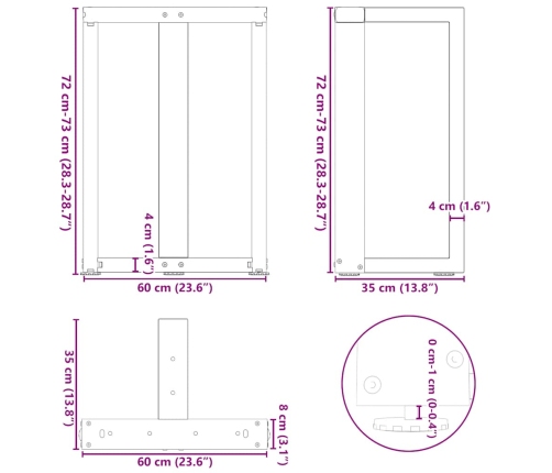 Patas mesa comedor forma T 2uds acero natural 60x35x(72-73)cm