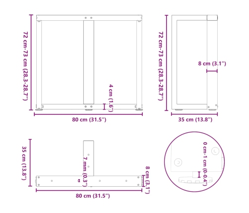 Patas mesa comedor forma T 2uds acero natural 80x35x(72-73)cm