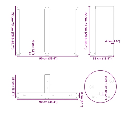 Patas mesa comedor forma T 2uds acero natural 90x35x(72-73)cm