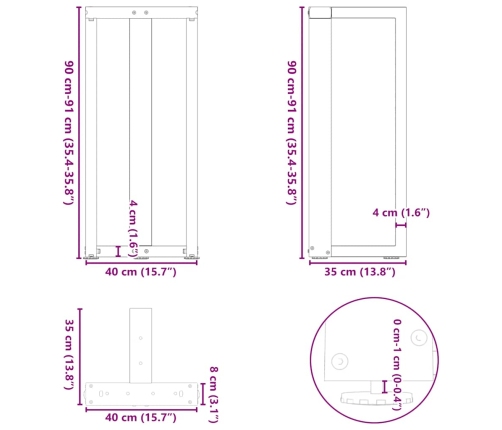 Patas de mesa de bar forma T 2 uds acero negro 40x35x(90-91) cm