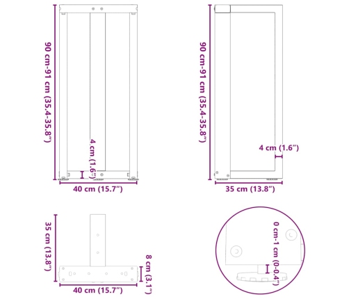 Patas de mesa de bar forma T 2 uds acero blanco 40x35x(90-91)cm