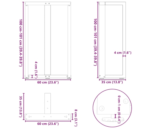 Patas de mesa bar forma T 2 uds acero blanco 60x35x(100-101) cm