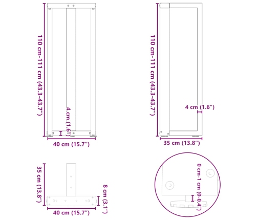 Patas de mesa bar forma T 2 uds acero negro 40x35x(110-111) cm