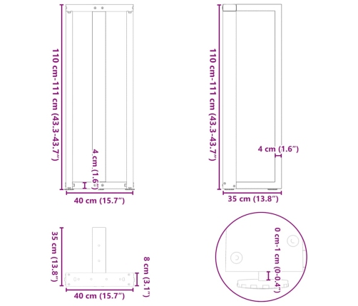 Patas de mesa bar forma T 2 uds acero blanco 40x35x(110-111) cm