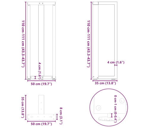 Patas mesa bar forma T 2 uds acero natural 50x35x(110-111) cm