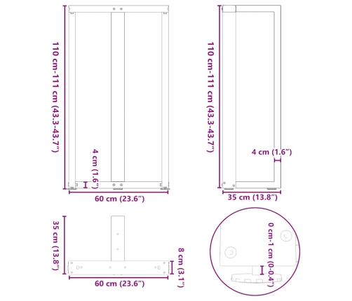 Patas mesa bar forma T 2 uds acero natural 60x35x(110-111) cm